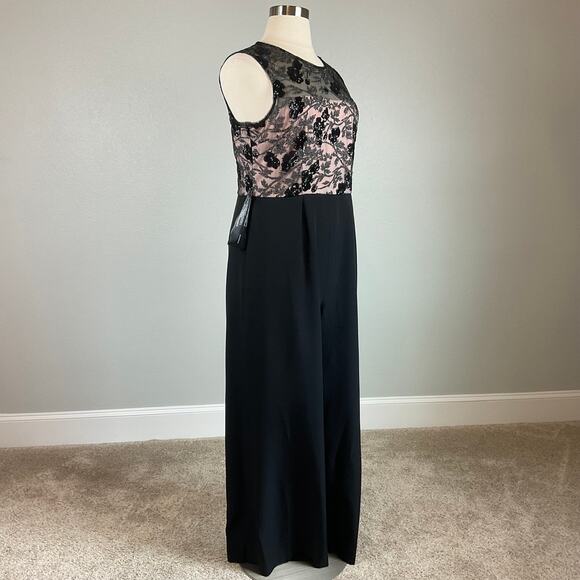 JS Collections Sequined Lace and Crepe Wide Leg Pant Jumpsuit Black Size 18 - Picture 2 of 12